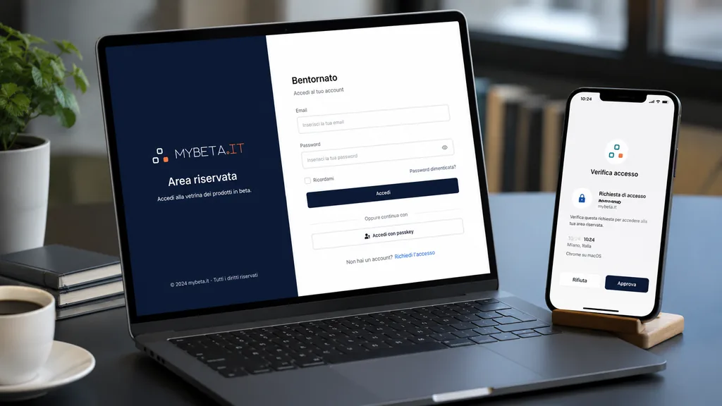 Area riservata di mybeta.it aperta su laptop, con verifica dell'accesso mostrata su smartphone